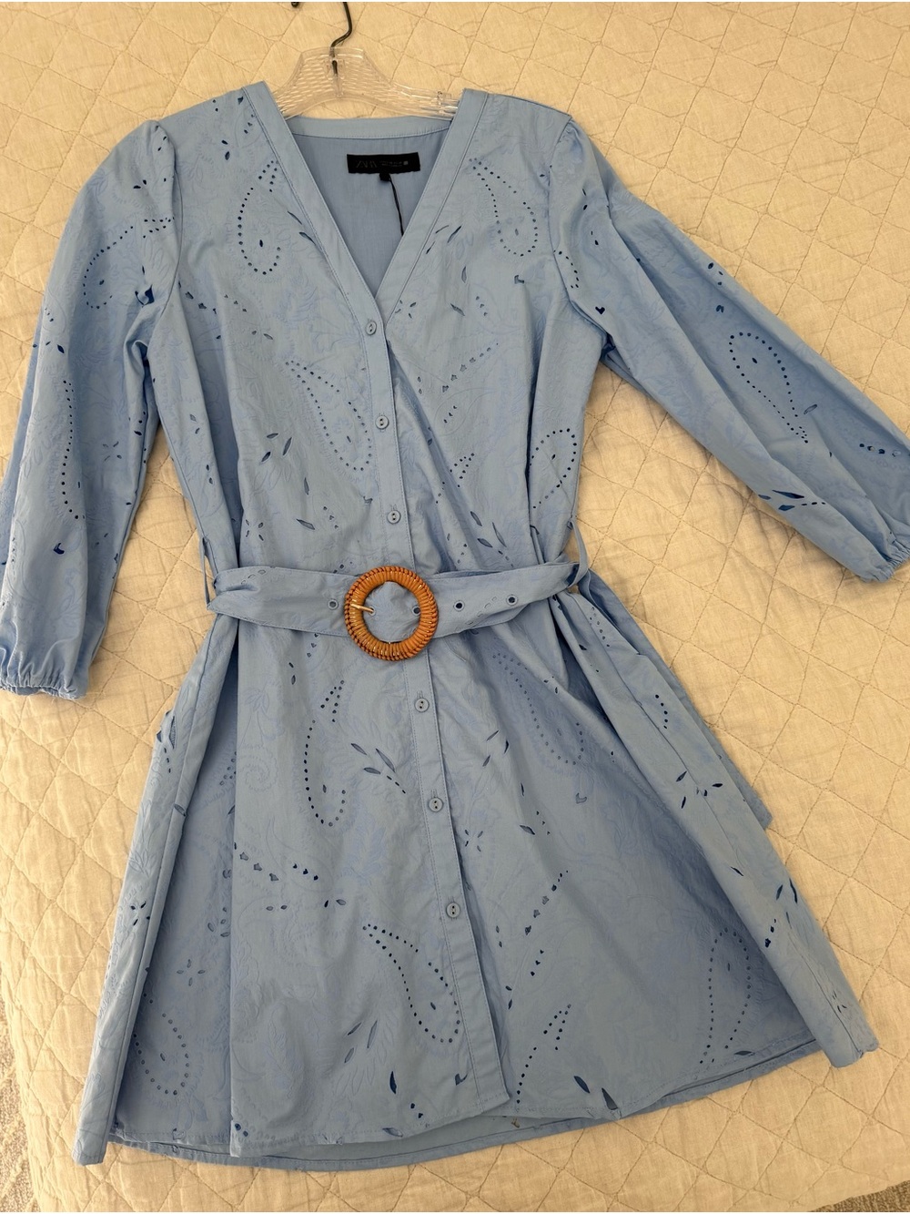 Zara Light Blue Eyelet Wrap Dress with Belt